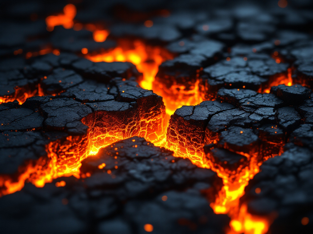 Molten ember-orange seams glowing through fractured black volcanic rock