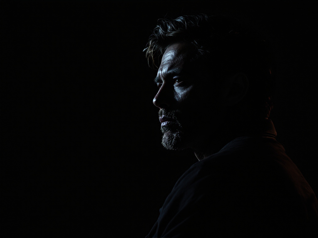 Editorial portrait of a creative director lit by a single warm ember rim light in a dark studio