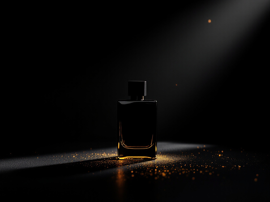 A sculptural black glass perfume bottle carved out of darkness by a raking ember-orange rim light