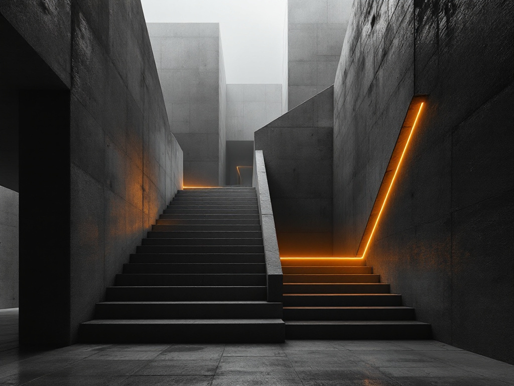 A brutalist concrete stair void shot from below, raked by a single warm ember-orange light