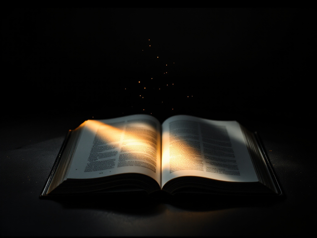 An open hardback journal on a matte black surface, crossed by a single ember-orange shaft of light