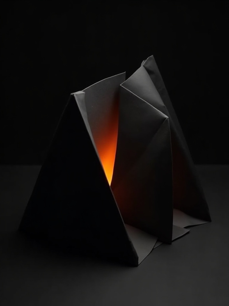 Sculptural folded black paper planes lit by a raking ember orange light