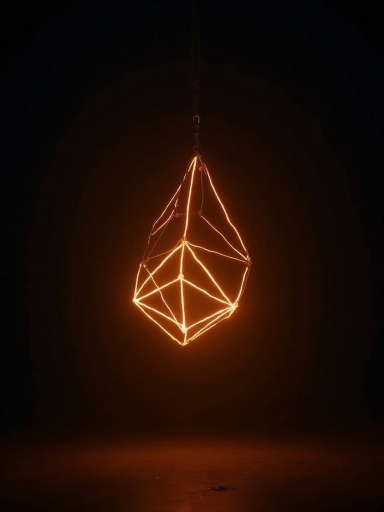 Long-exposure ember orange light forming a geometric wireframe structure in a black void